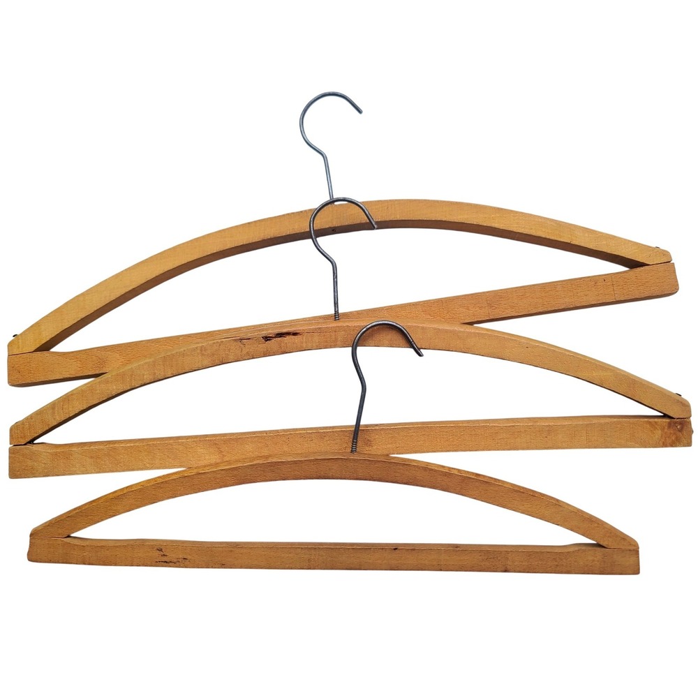 Set of 3 Vintage Curved Wood Garment Hangers Coat Hangers Brown Wooden Rustic
